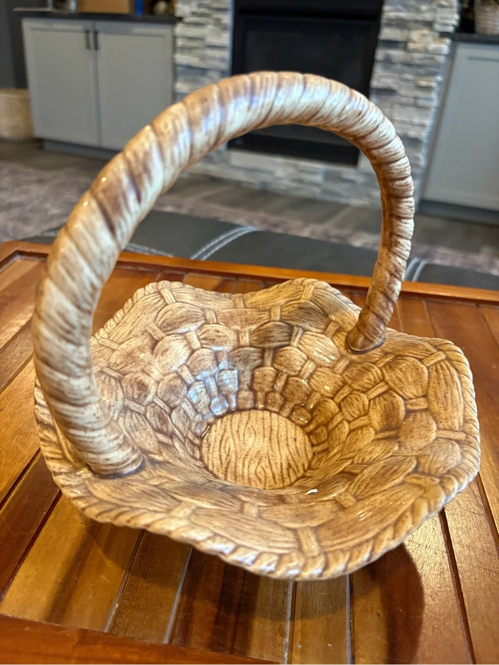 Vintage Hand Crafted Ceramic Pottery Basket Brown